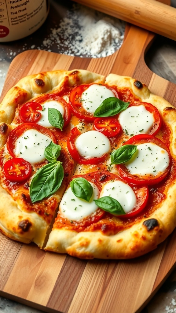 Freshly baked sourdough pizza with mozzarella, basil, and tomatoes on a wooden peel.